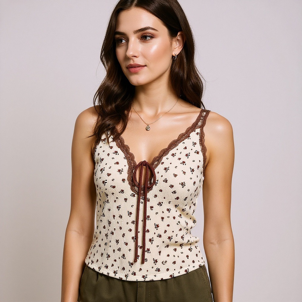 SHEIN Cream & Burnt Orange Flower Textured Top